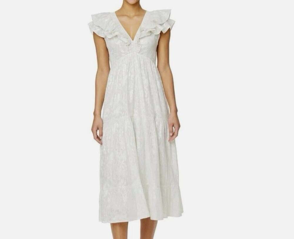 Roller Rabbit Ondine Lurex Size XL White Silver Ruffle Cap Sleeve Midi Dress